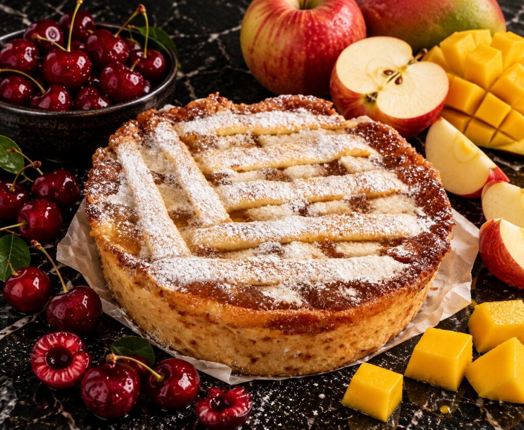 Plăcintă cu mere, mango și vișine