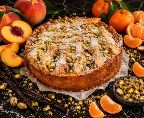 Plăcintă cu piersici, mandarine și fistic
